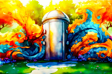 Wall Mural - Painting of fire hydrant in the middle of field of grass. Generative AI.