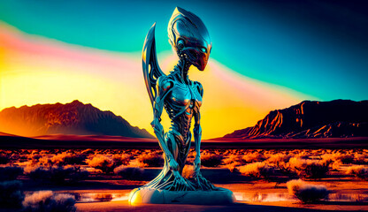 Alien standing in the middle of desert with mountains in the background. Generative AI.