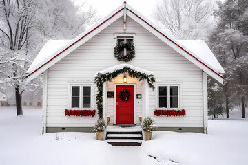 Cute and cozy cottage with Christmas decorations, generative AI