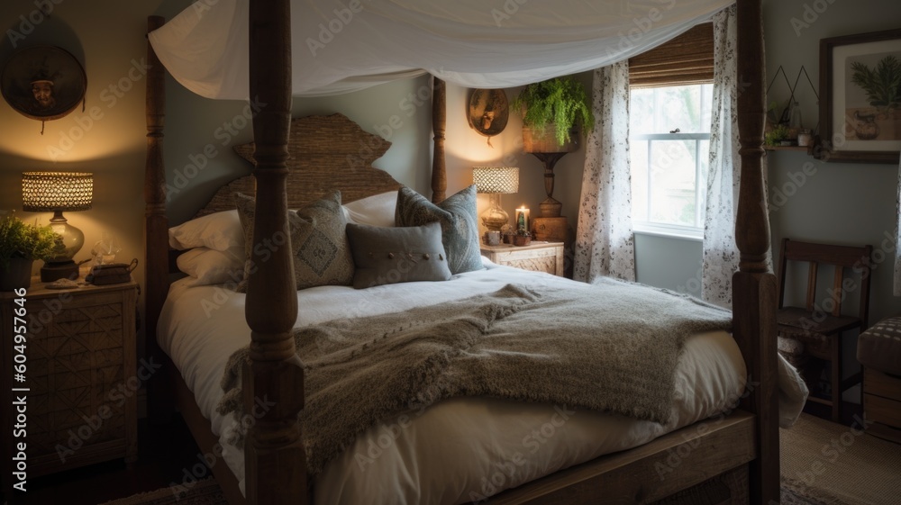 Interior design of Bedroom in Rustic style with Four-poster bed with ...