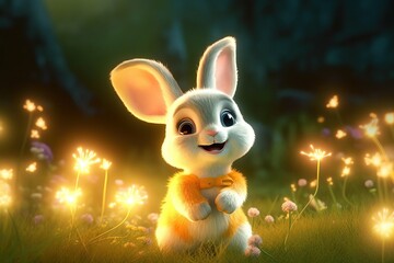 Wall Mural - a cute adorable baby rabbit in nature by night with light rendered in the style of children-friendly cartoon animation fantasy style 3D style Illustration  created by AI