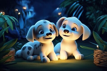 Wall Mural - a cute adorable two baby puppies in nature by night with light rendered in the style of children-friendly cartoon animation fantasy style 3D style Illustration  created by AI