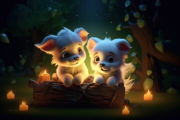 Wall Mural - a cute adorable two baby puppies in nature by night with light rendered in the style of children-friendly cartoon animation fantasy style 3D style Illustration  created by AI