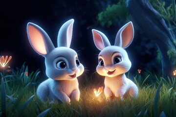 Wall Mural - a cute adorable two baby rabbits by night with light in nature rendered in the style of children-friendly cartoon animation fantasy style 3D style Illustration created by AI