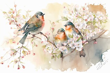 Wall Mural - Colorful birds on stick blooming tree with flower in watercolor design artistic. Concept of painting technique isolated on white background in canvas. Glorious generative AI.