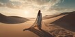 A mesmerizing sight emerges as a woman dons a breathtaking dress amidst the vast desert landscape. The flowing fabric and vibrant colors harmonize with the arid surroundings, Generative AI