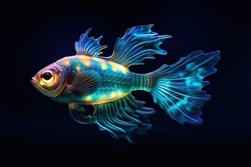 Wall Mural - fantasy Glowfin, glpwing bioluminescent fish with iridescent scales and a light - emitting lure, illuminating the dark abyss illustration generative ai