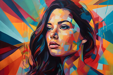 Portrait of a beautiful young latino woman. Colorful modern hand painted art with geometric shapes. Generative AI