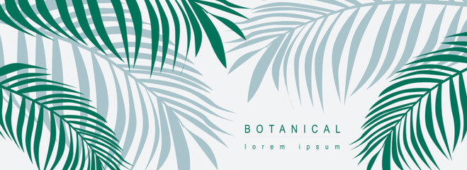 Canvas Print - Botanical abstract background with floral line art design. Horizontal web banner in minimal style with green leaves of palm trees, tropical plant foliage with silhouette contours. Vector illustration.