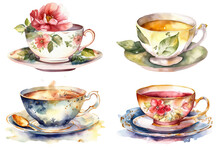 Watercolor Set Of Tea Or Coffee Cups Isolated On Clear Png Background, Homemade Mug For Collection, Afternoon Tea Catering Party, Clipart Of Cup Style, With Generative Ai.