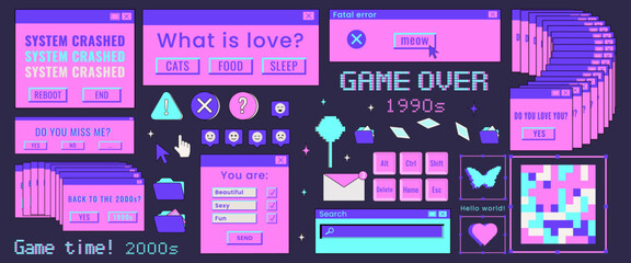 Nostalgia for 1990s -2000s.  Set in retro style. Old computer aestethic elements.  Retro pc user interface in trendy y2k Vector illustration. Isolated background. Flat style