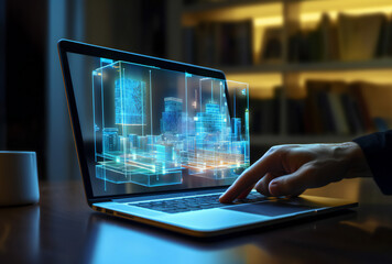 The architect uses a laptop with a hologram screen for design and construction. The modern interface displays the project idea and prototype. Using digital technology and software.