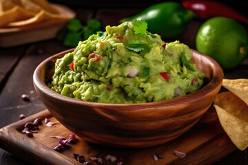 Plate of guacamole in wooden bowl, traditional mexican dish, IA generativa