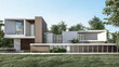 © Aris Suwanmalee - Architecture 3d rendering illustration of minimal modern house with natural landscape
