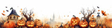 Aquarelle Halloween Pumpkin Banner With White Copy Space, Ai Generated