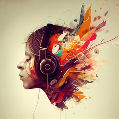 Generative AI illustration of female in headphones listening to music