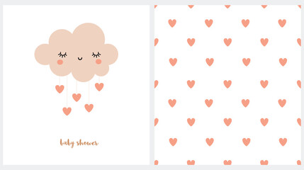 Wall Mural - set of two cute vector prints. sweet smiling cloud with dropping hearts. lovely baby shower card. se