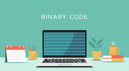 computer software with programming binary code on window laptop screen, vector flat illustration