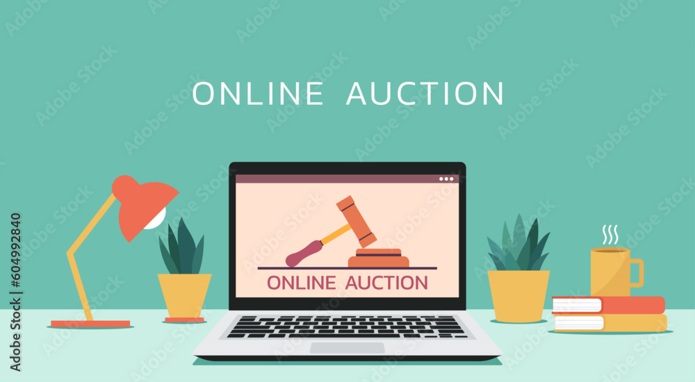 online auction concept with huge hammer on laptop screen, vector flat ...
