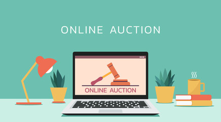 online auction concept with huge hammer on laptop  screen, vector flat illustration