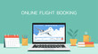 flight search application on laptop screen for booking tickets online for traveling with plane, vector flat illustration