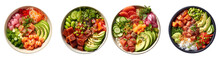 Hawaiian Poke Bowl Set: Tuna, Salmon, Shrimp With Avocado, Mango, Radish, Rice And Other Ingredients. Soy Sauce And Sesame Dressing. Top View On Transparent Background