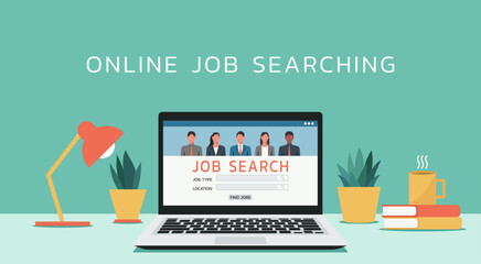 job searching online website with occupation business people avatar on laptop screen, vector flat illustration