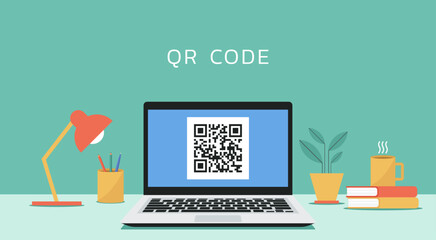 Qr code on laptop screen for getting information or cashless online payment, vector flat illustration