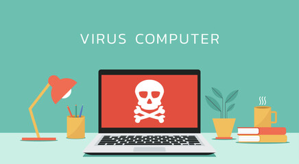 skull warning sign notification alert on laptop screen, vector flat illustration