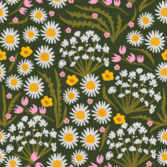 rustic background with flowers and leaves. botanical seamless pattern with flowering plants. summer print for fabric. daisies and leaves scattered chaotically.