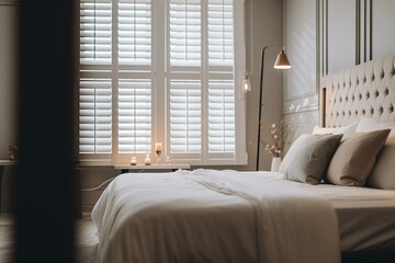 Luxurious white indoor shutters in focus in bedroom. Generative AI
