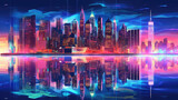 Fototapeta Nowy Jork - Skyline with neon colored city at night. Cityscape with reflection in river. Futuristic cyberpank banner with colorful skyscrapers. Created with Generative AI