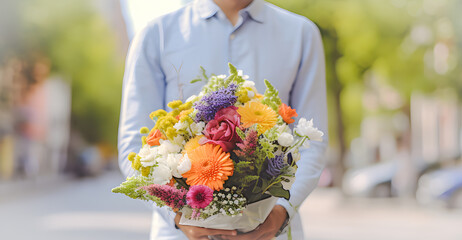 Elegant man delivering a beautiful bouquet of flowers. Generative ai.