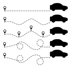 Wall Mural - car route with location pin set. automobile silhouette driving on dotted path collection. journey an