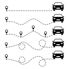 Wall Mural - car route with location pin set. automobile silhouette driving on dotted path collection. journey an