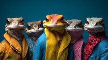 Gang Family Of Gecko Reptile In Vibrant Bright Fashionable Outfits, Commercial, Editorial Advertisement, Surreal Surrealism. Group Shot. Generative AI