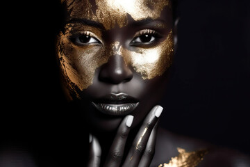 fashion portrait of a dark-skinned girl with gold make-up. Beauty face. Ai generated