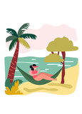Fototapeta Pokój dzieciecy - Women relaxing at the beach. Woman reclining in coastal hammocks, savoring sunny alfresco. Vacation mood concept. Vector illustration.