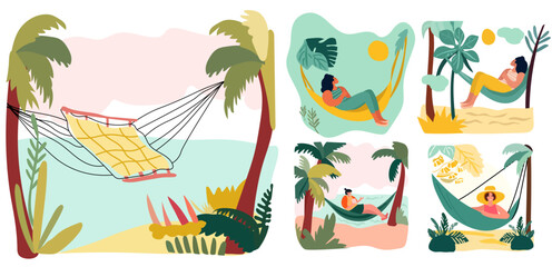 Naklejka na meble Ladies unwinding by the seaside. Females lounging in beachside hammocks, delighting in the warmth of the outdoor sun. A depiction of a holiday atmosphere. Vector illustration