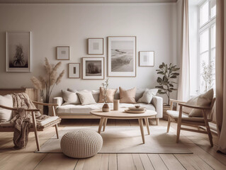 elegant and modern scandinavian living room, floral, spring, cozy, chic, interior