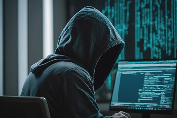 A hooded anonymous hacker breaks into a computer system. Ai generative
