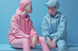 Gender color stereotypes concept with pink girl figure and blue boy figure. Generative AI illustration