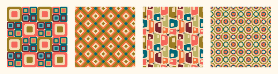 Set of Aesthetic mid century printable seamless pattern with retro design. Decorative 50`s, 60's, 70's style Vintage modern background in minimalist mid century style for fabric, wallpaper or wrapping