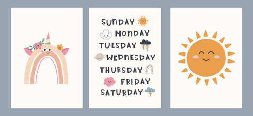 Cute hand drawn posters with rainbow, weather, education elements in boho style. Cartoon doodle print with days of the week for nursery. Design for card, label, brochure, book cover, poster, flyer