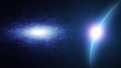 Wall Mural - abstract dark blue universe with planet and galaxy light loop animation. view from space.