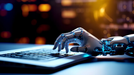 robot hand typing on the computer. the concept of artificial intelligence replacing a human in deali