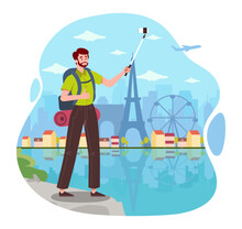 Tourist In Paris. Man With Backpack And Smartphone Makes Selfie Against Backdrop Of Eiffel Tower And Ferris Wheel. International Travel And Trip To Landmark. Cartoon Flat Vector Illustration