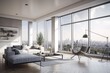 © Lasvu - Interior of a contemporary living room featuring a mock up blank white poster, wooden floors, furniture, and panoramic windows with city views and natural light. Stylish and comfortable Generative AI