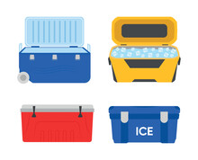 Set Of Colorful Portable Refrigerators For Storing Food And Drinks In A Cartoon Style. Vector Illustration Of Various Ice Containers: Blue, Yellow, Red, Open And Closed Isolated On White Background.