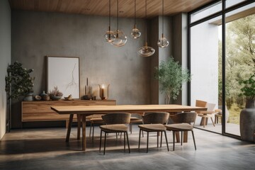 Canvas Print - Interior of a dining room with a concrete wall, a large wooden table, loft windows, and several chair styles. a mockup. Generative AI